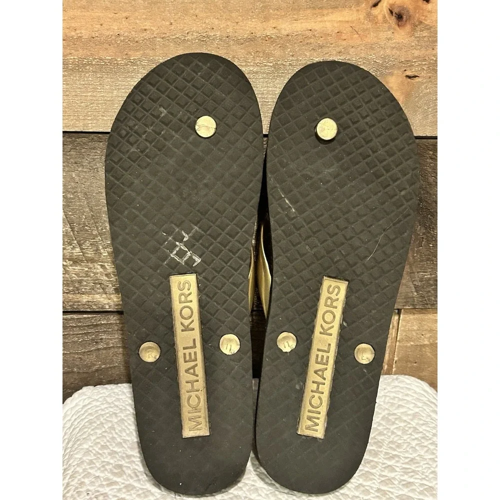 Michael Kors Womens PVC Eva Sole Gold Black Flip Flops Sandals‎ Size 11